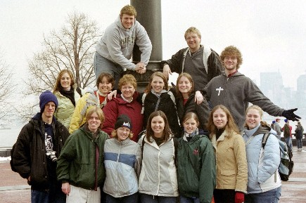 Our group on Liberty Island L to R: Top Row: Me, Andrew Stahl, Dan Olson. Middle Row: Randi Farmer, Kyleigh Gast, Martha Smith, Jenni Strange, Jenny Pettit.  Bottowm Row: Matt Hawkins, Dan Hale, Kim Morris, Emily Hungerford, Jenna Rodgers, Eryn Sawyer, and Connie Surface.